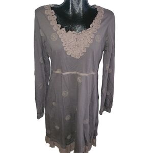 Cream Brand Long Sleeve Taupe Colored Dress with Ribbon Detailed Trim L